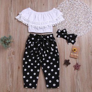 3 pcs Solid Tassel Top & Polka Dot Pants